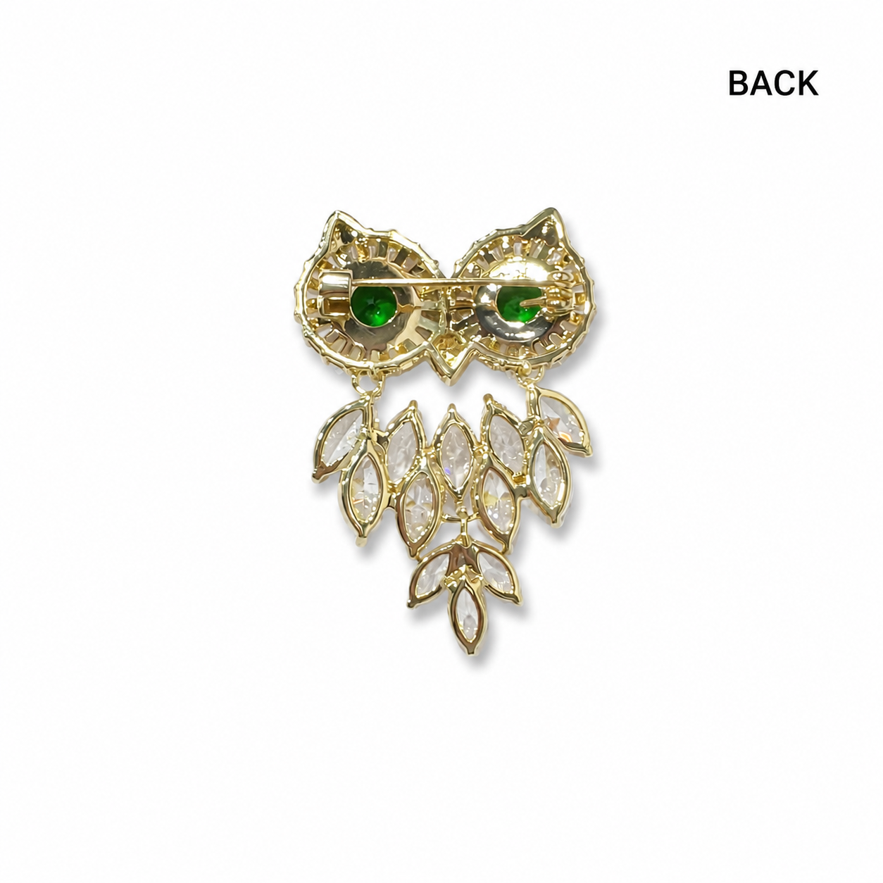 Gold Tone Owl Brooch with Green Crystal Eyes & Clear Stones