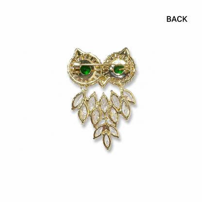 Gold Tone Owl Brooch with Green Crystal Eyes & Clear Stones