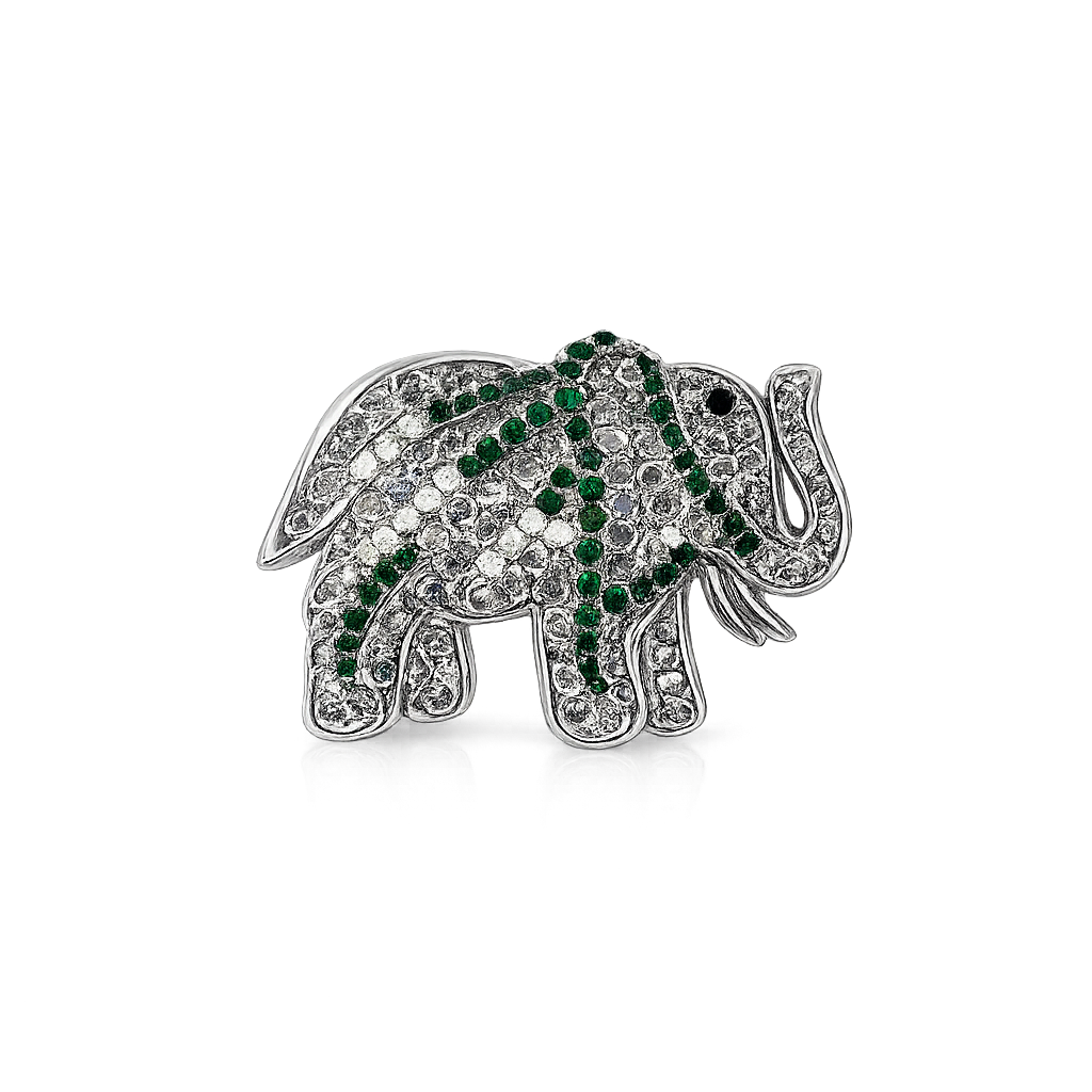 Gold Tone Elephant Brooch with Green & White Crystal Accents