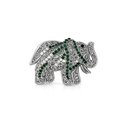Gold Tone Elephant Brooch with Green & White Crystal Accents
