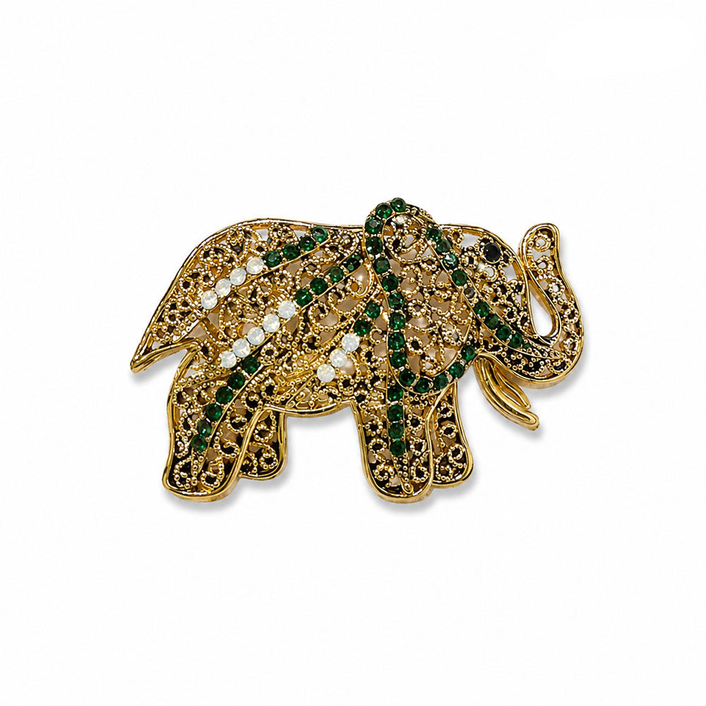 Gold Tone Elephant Brooch with Green & White Crystal Accents