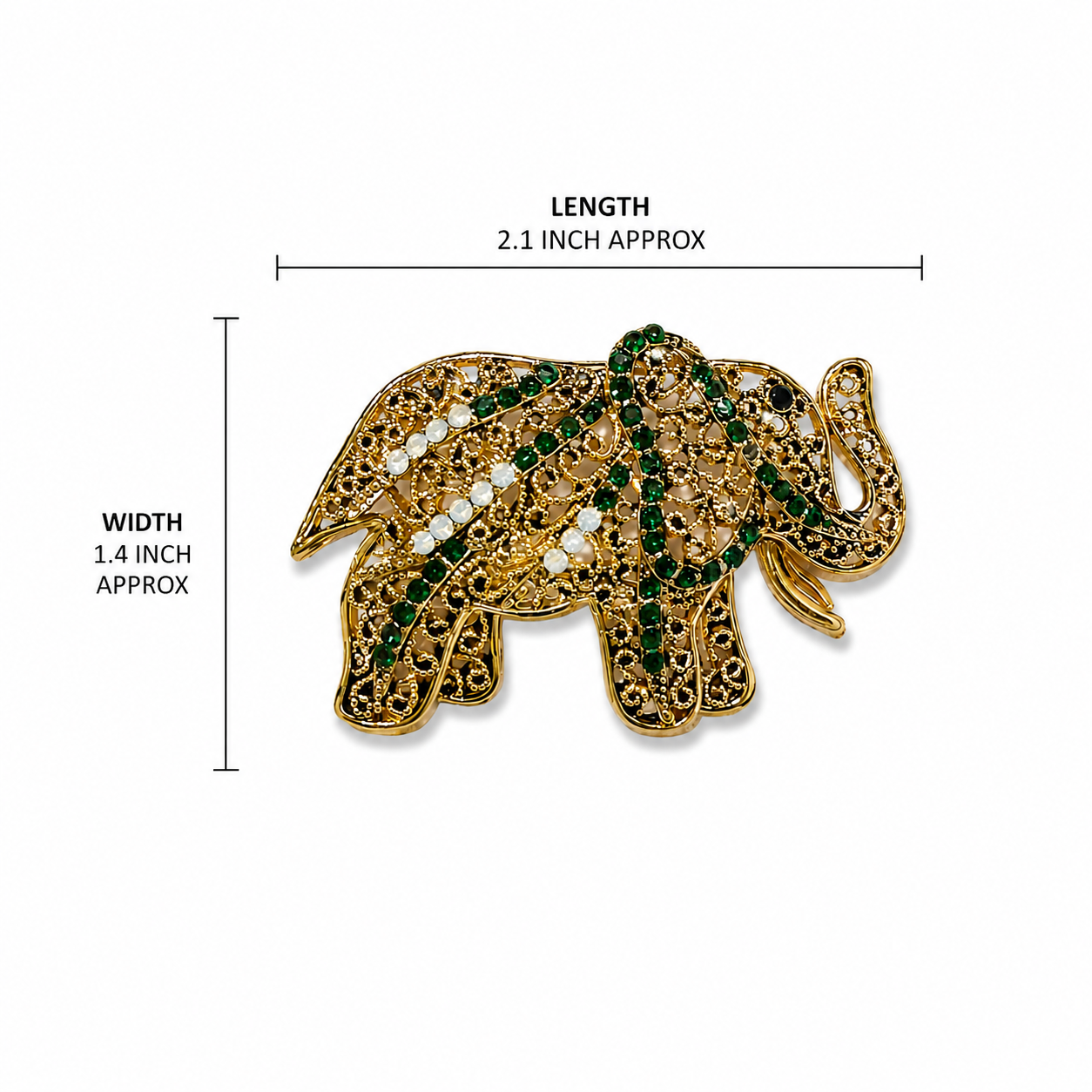 Gold Tone Elephant Brooch with Green & White Crystal Accents