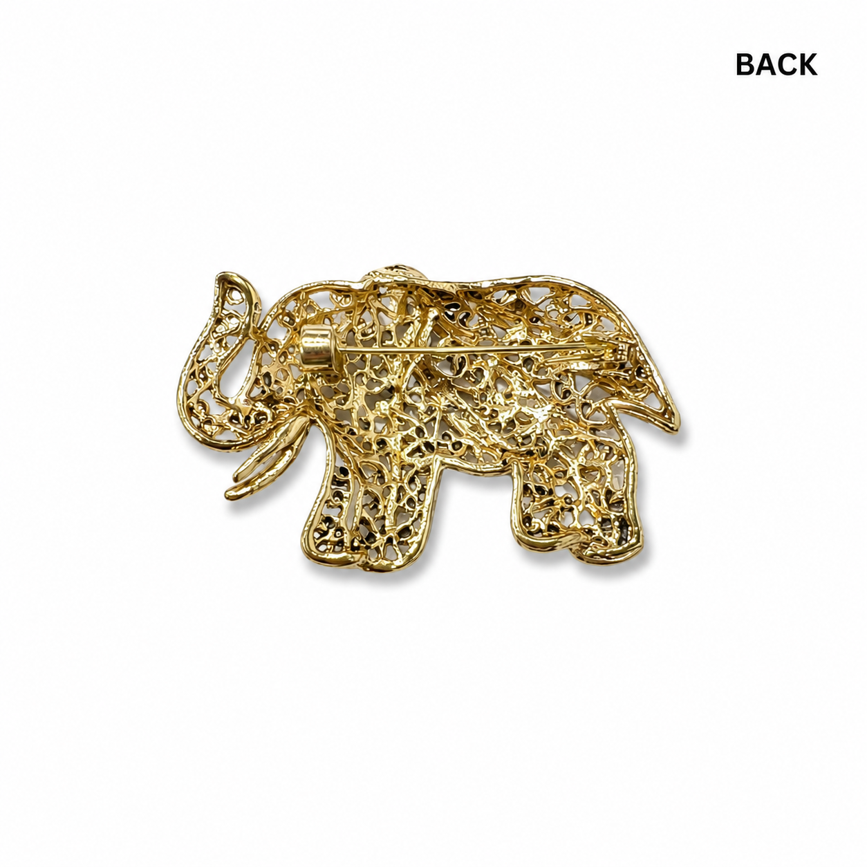 Gold Tone Elephant Brooch with Green & White Crystal Accents