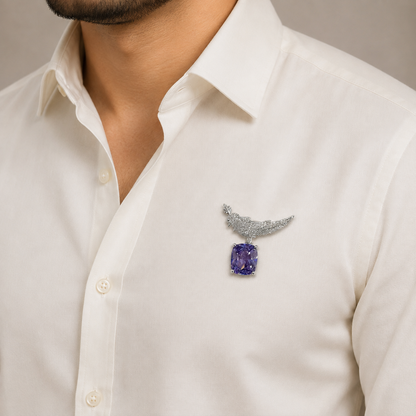 Elegant Silver Bird Crystal Brooch with Purple Gemstone (1 piece)