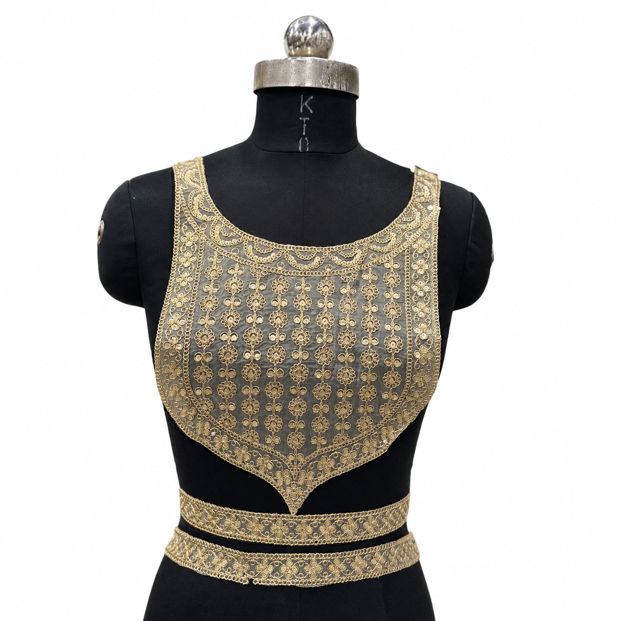 Premium Gold Zari Embroidered Blouse Patch with Matching Sleeve Borders