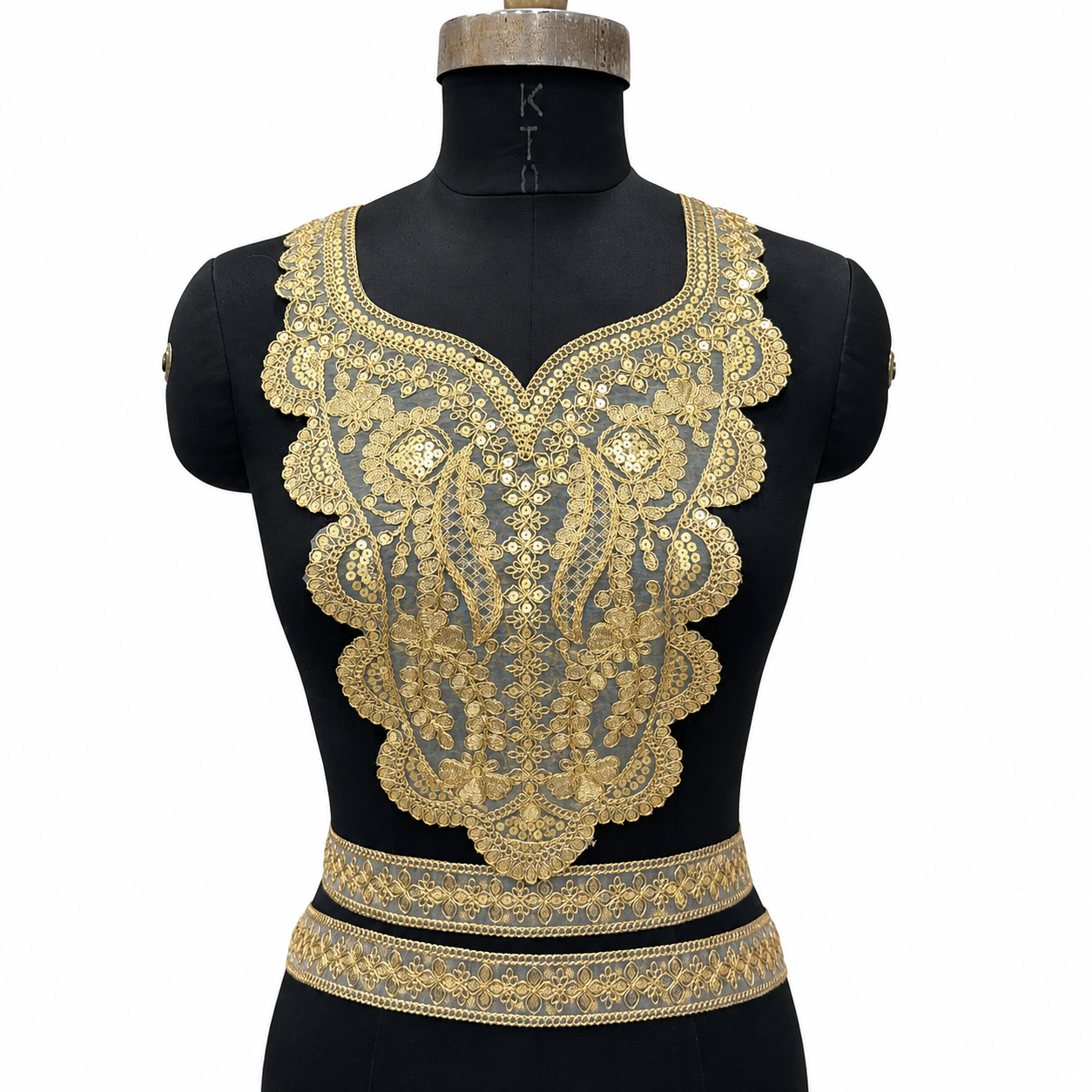 Traditional Golden Zari Neckline Patch with Matching Sleeve Borders