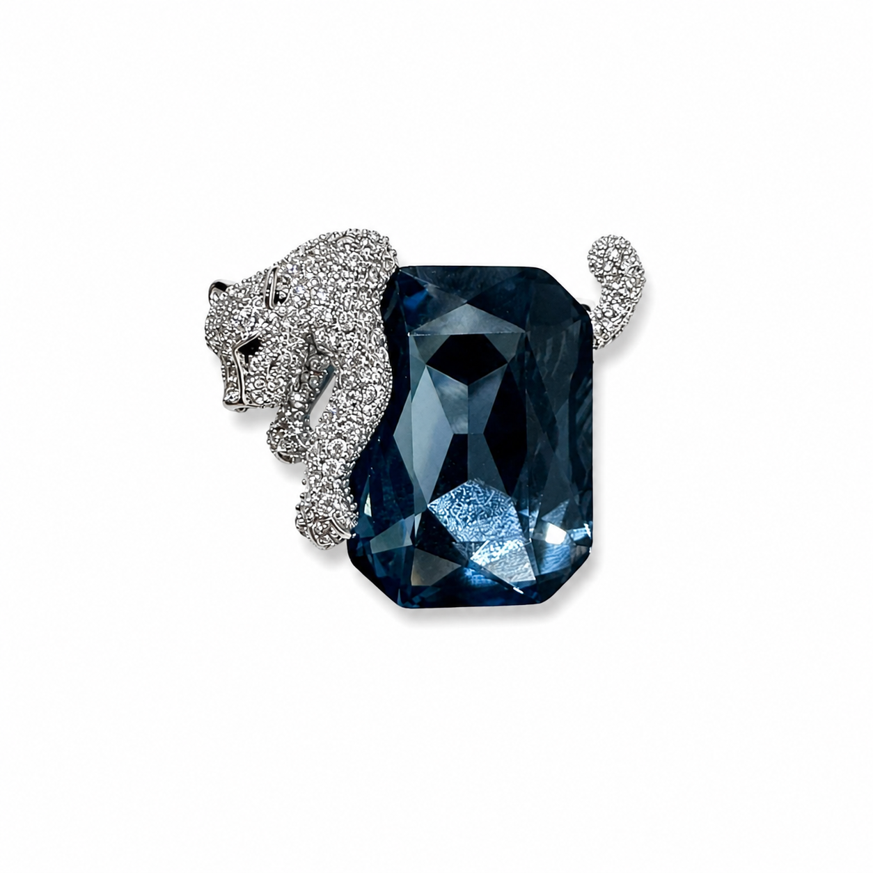 Panther Design Diamond Brooch with Rectangular Blue Gemstone