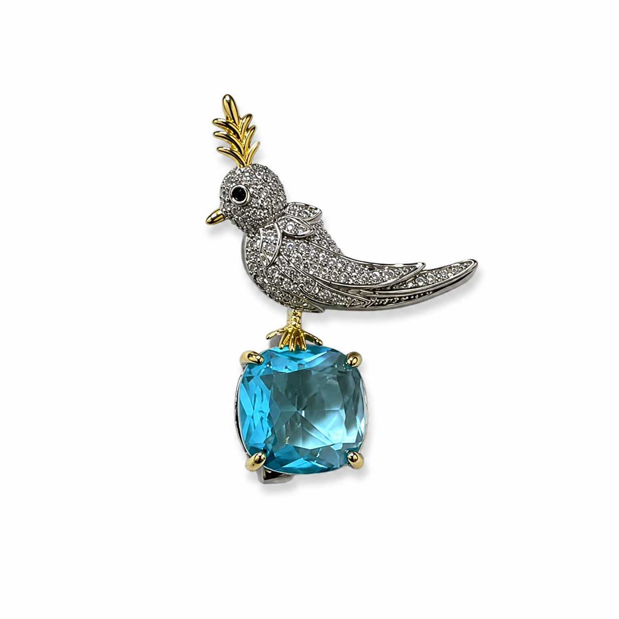 Luxury Silver Bird Brooch with Aqua Blue Crystal