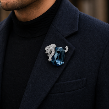 Panther Design Diamond Brooch with Rectangular Blue Gemstone