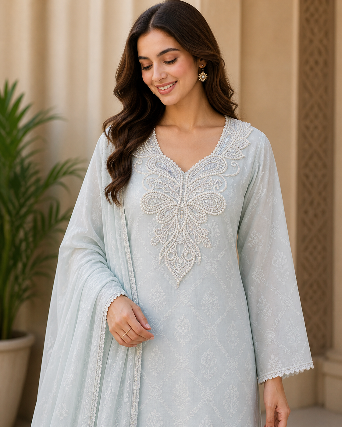 Designer White Sequins and Pearl work Neck Patch