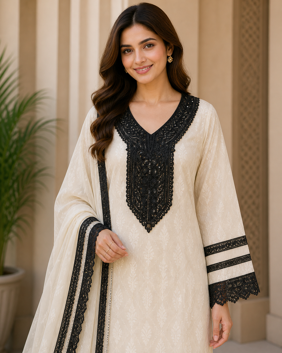 Black Color Designer Cotton Neck Motif