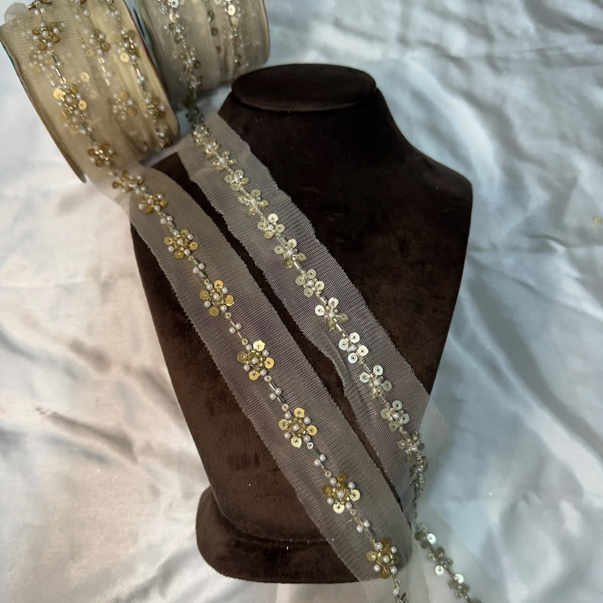 Elegant Gold Sequin & Pearl Beaded Floral Embroidery Border Lace