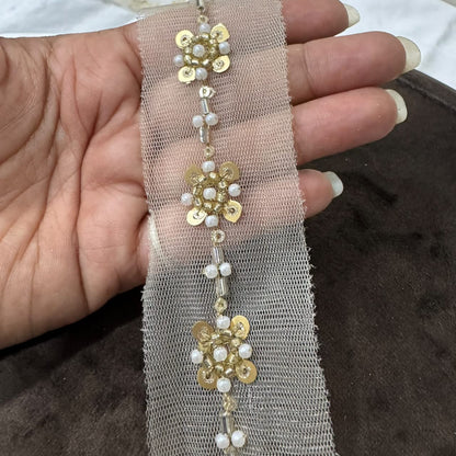 Elegant Gold Sequin & Pearl Beaded Floral Embroidery Border Lace