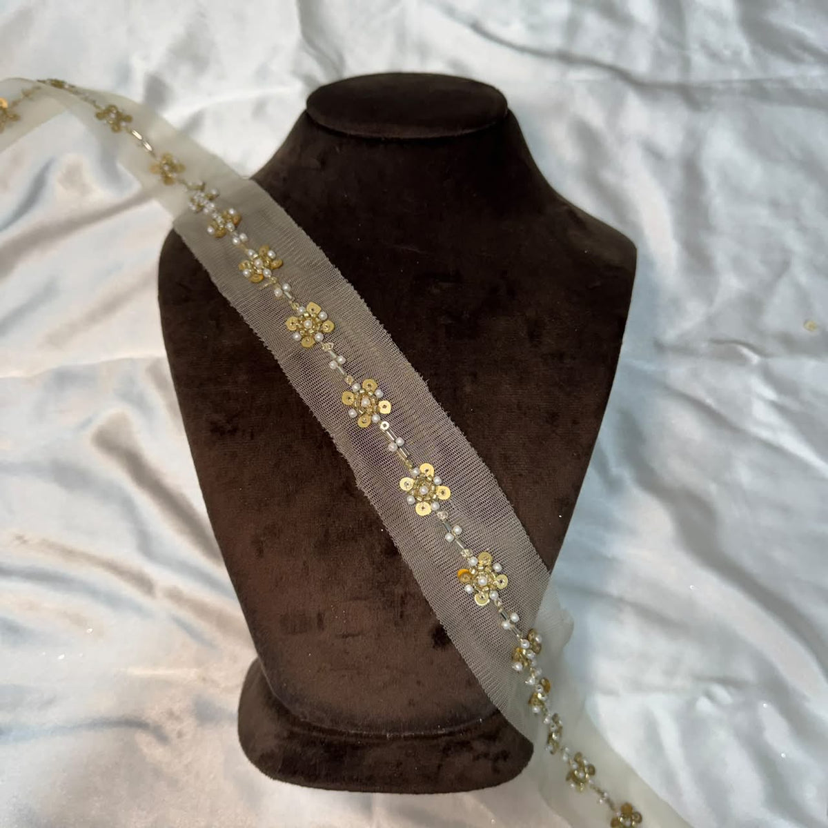 Elegant Gold Sequin & Pearl Beaded Floral Embroidery Border Lace