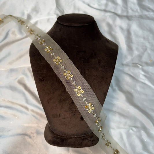 Elegant Gold Sequin & Pearl Beaded Floral Embroidery Border Lace