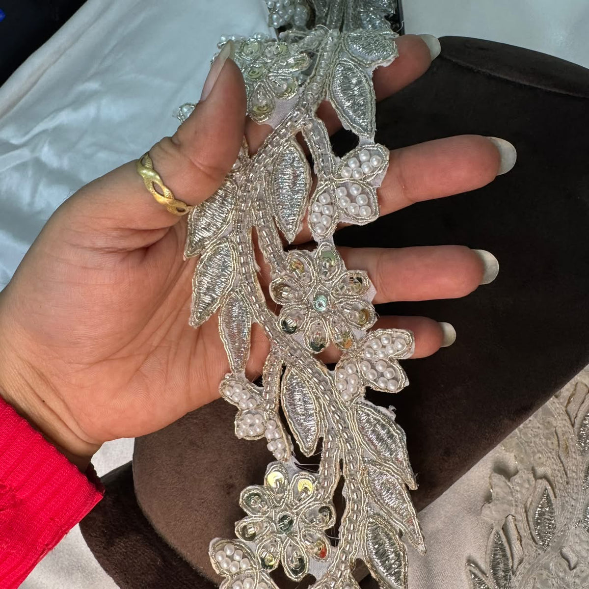 Floral Pearl Beaded Embroidery Lace Applique