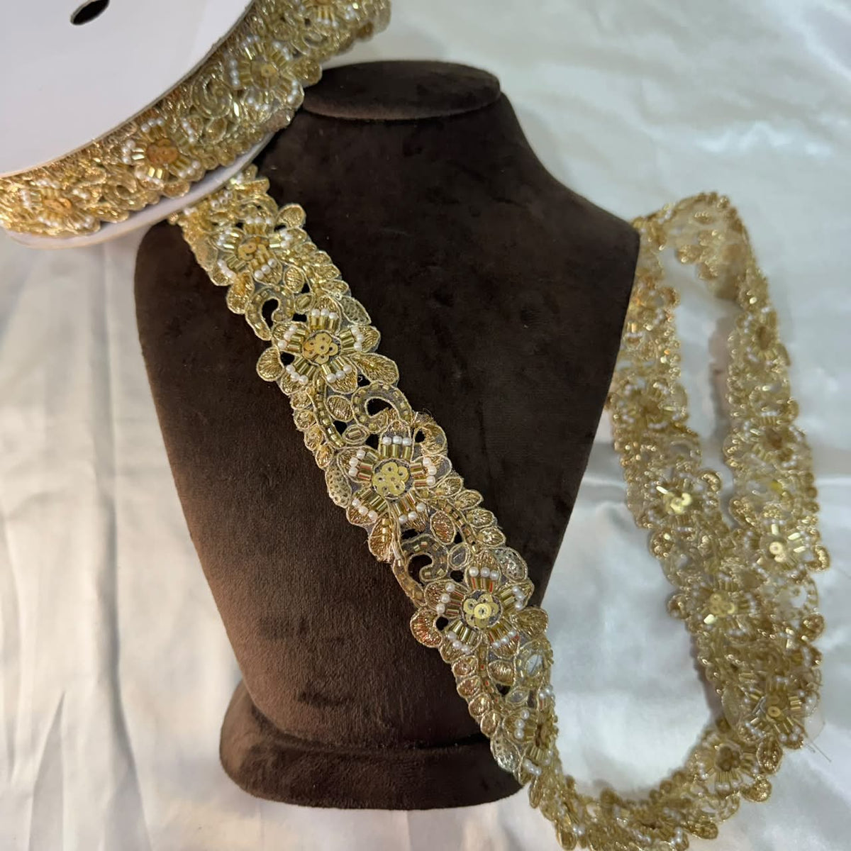 Golden Floral White Pearl & Sequin Embroidered Lace