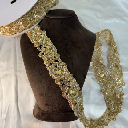Golden Floral White Pearl & Sequin Embroidered Lace
