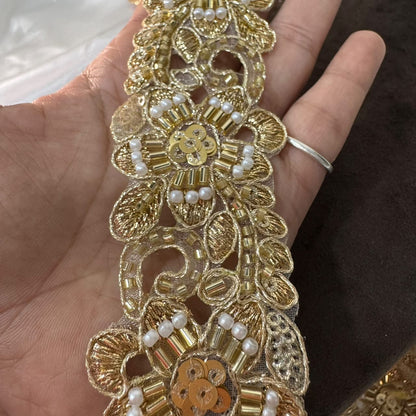 Golden Floral White Pearl & Sequin Embroidered Lace