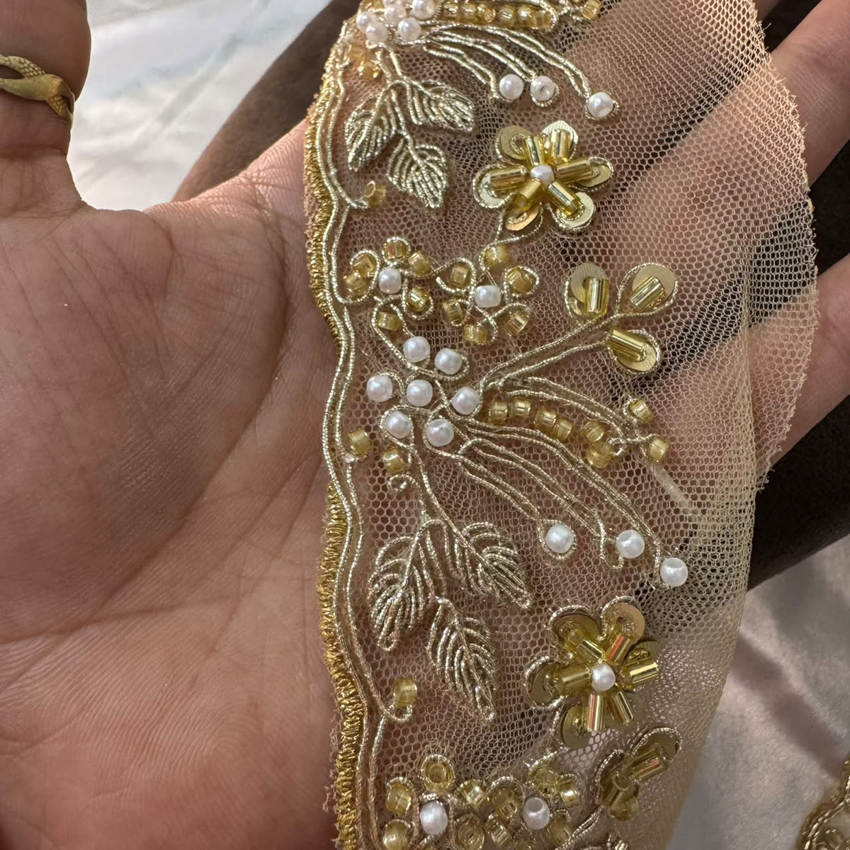 Gold Embellished Floral Motif Decorative Lace