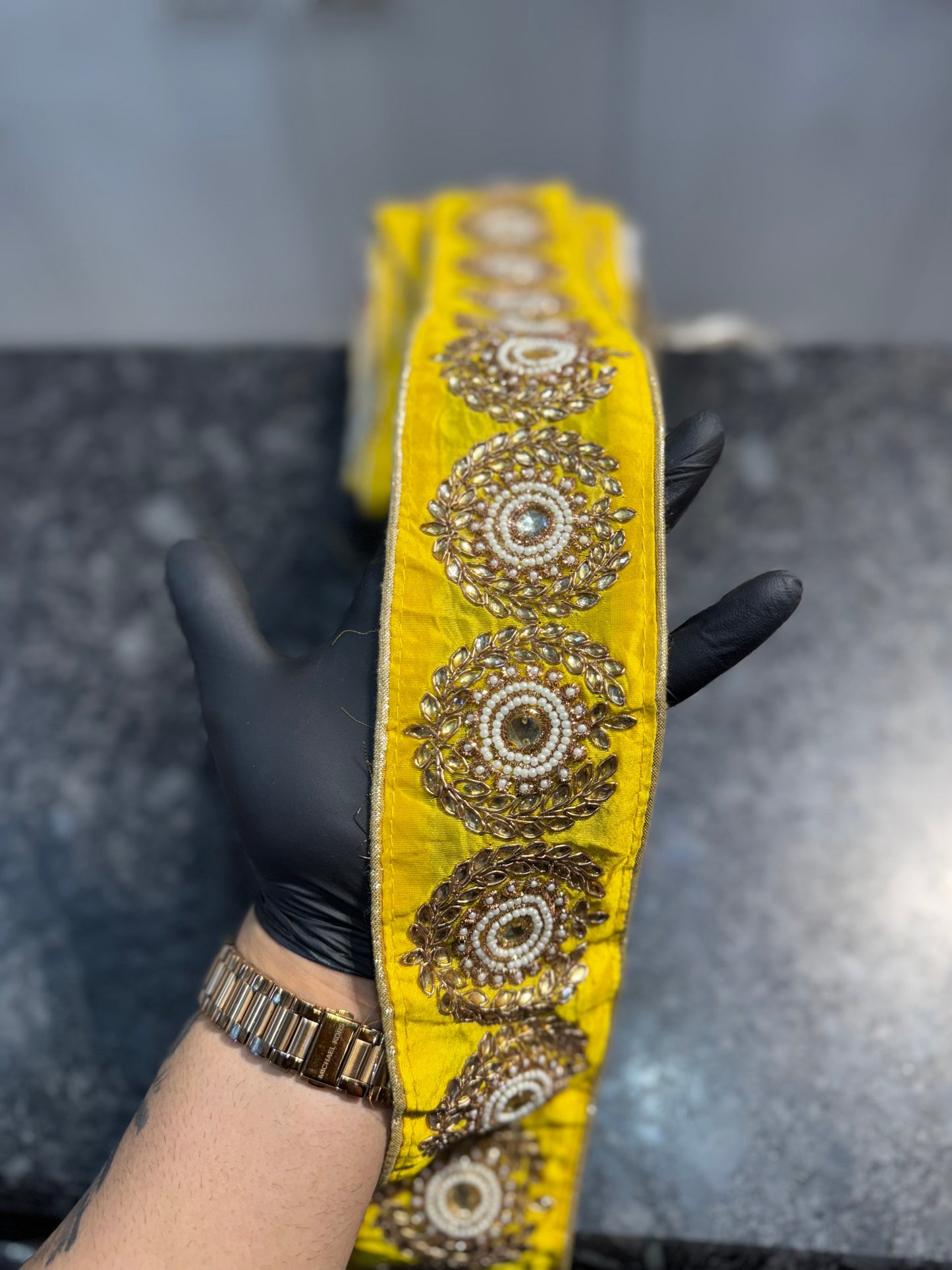 Yellow color Handwork lace with beads work 9 meters approx.