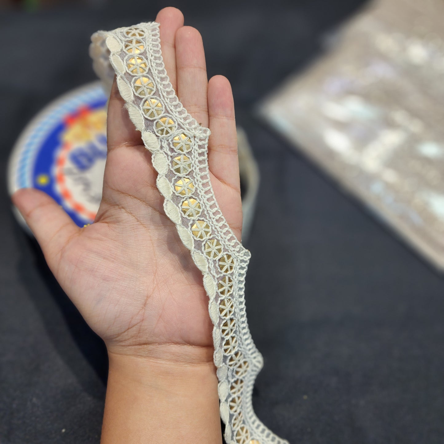 Off White Cutwork Lakhnavi Dyeable Lace