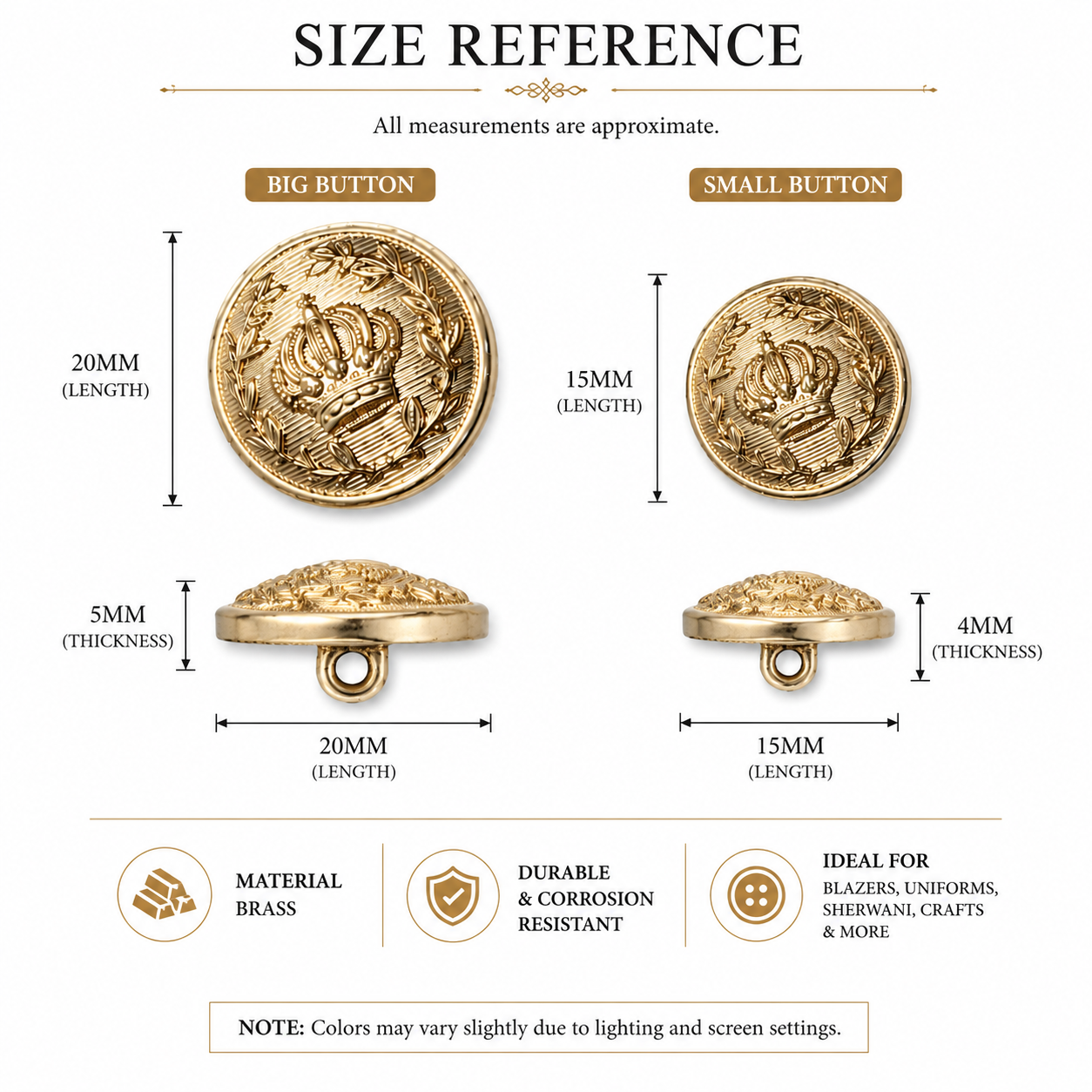 Matte Gold Crown Embossed Metal Coat Buttons