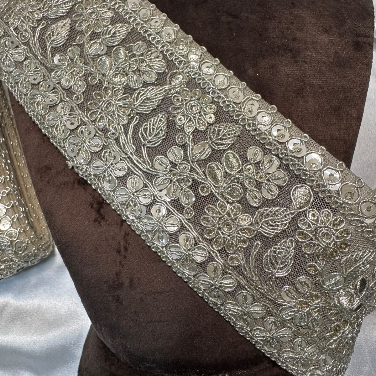 Silver Floral Embroidered Net Lace Border for Saree & Suit