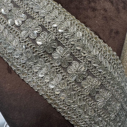 Silver Heavy Floral Embroidery Fancy Net Lace