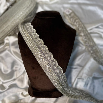 Silver Paisley Embroidered Net Lace Border for Saree & Suit