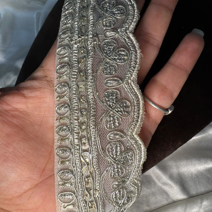 Silver Paisley Embroidered Net Lace Border for Saree & Suit
