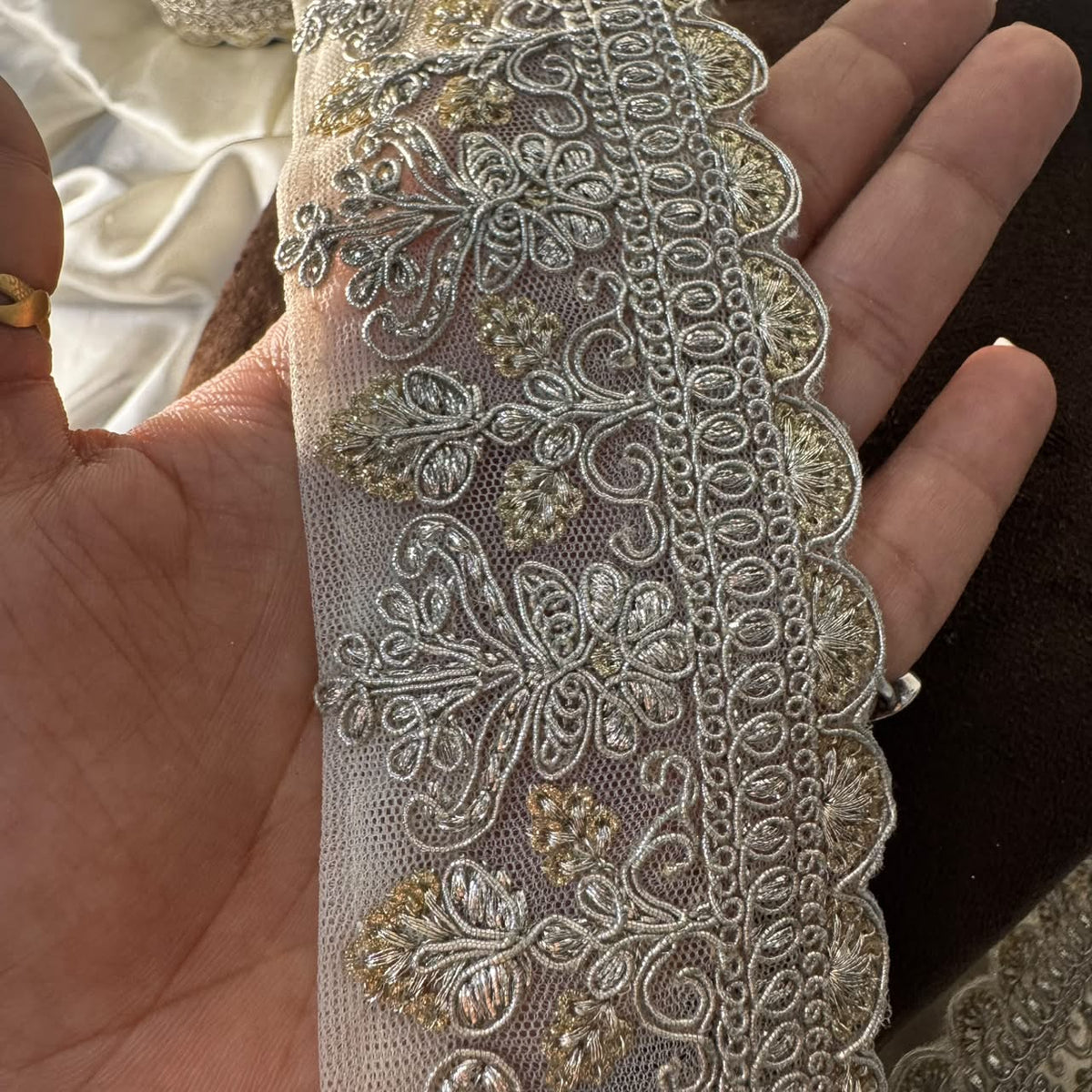 Silver Gold Shimmer Floral Fancy Lace with Scalloped Border