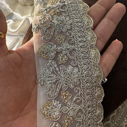 Silver Gold Shimmer Floral Fancy Lace with Scalloped Border