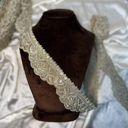 Silver Floral Embroidered Net Lace Trim for Dress Making