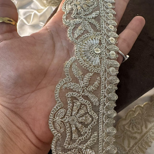 Silver Floral Embroidered Net Lace Trim for Dress Making