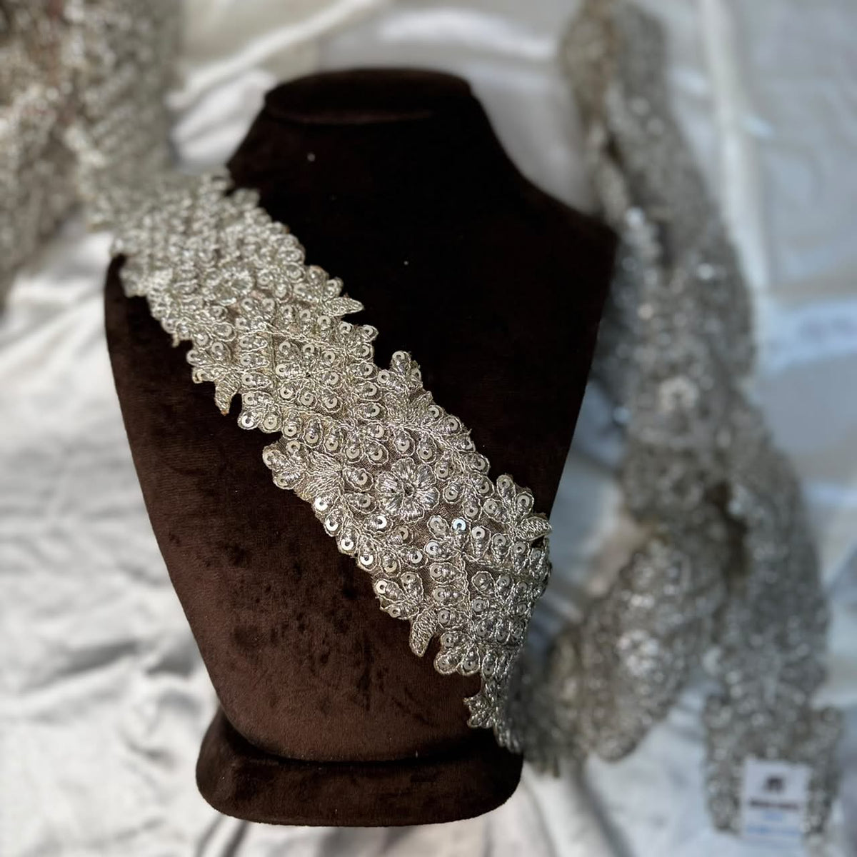 Luxury Silver Embroidery Lace with Traditional Indian Motifs
