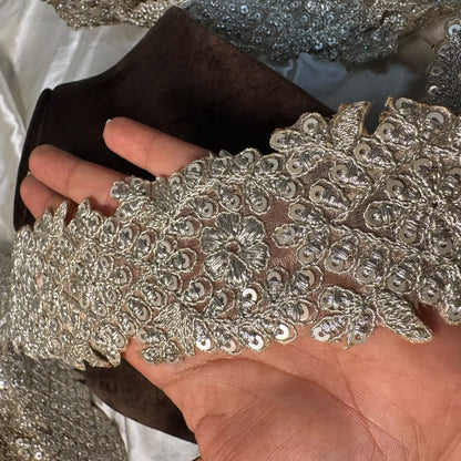 Luxury Silver Embroidery Lace with Traditional Indian Motifs