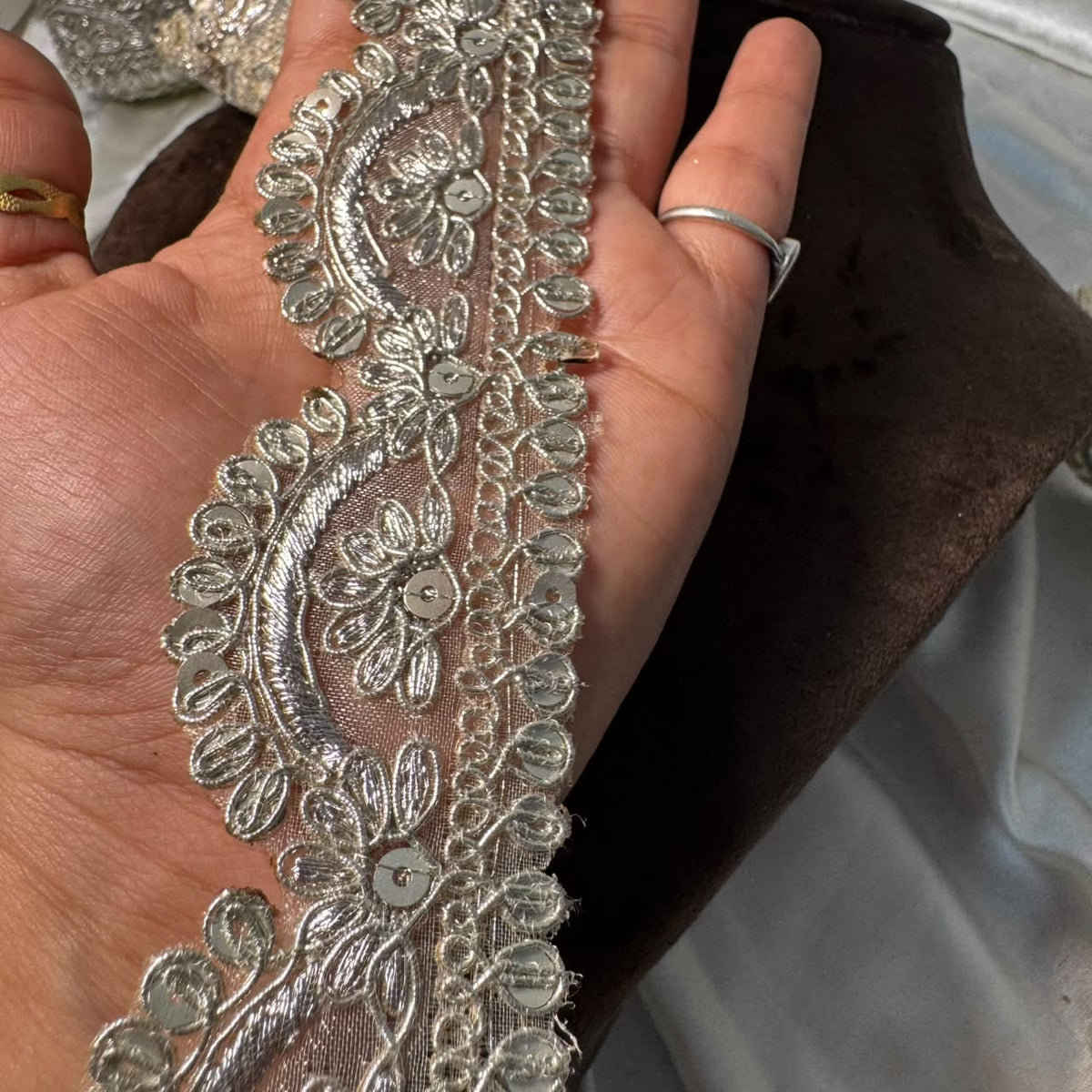 Silver Shimmer Traditional Embroidery Lace for Suits