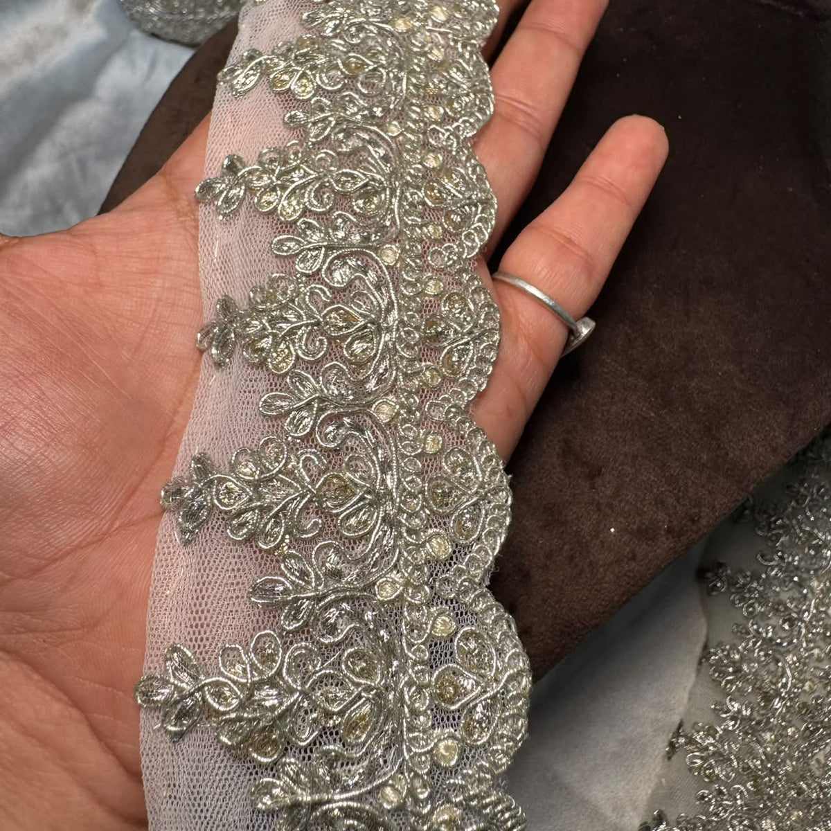 Designer Botanical Vine Embellished Lace Border