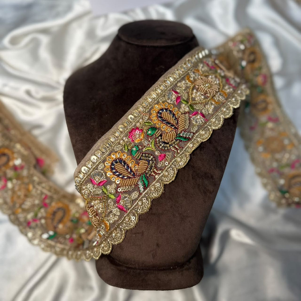 Royal Golden Beaded Lace Trim with Floral Embroidery