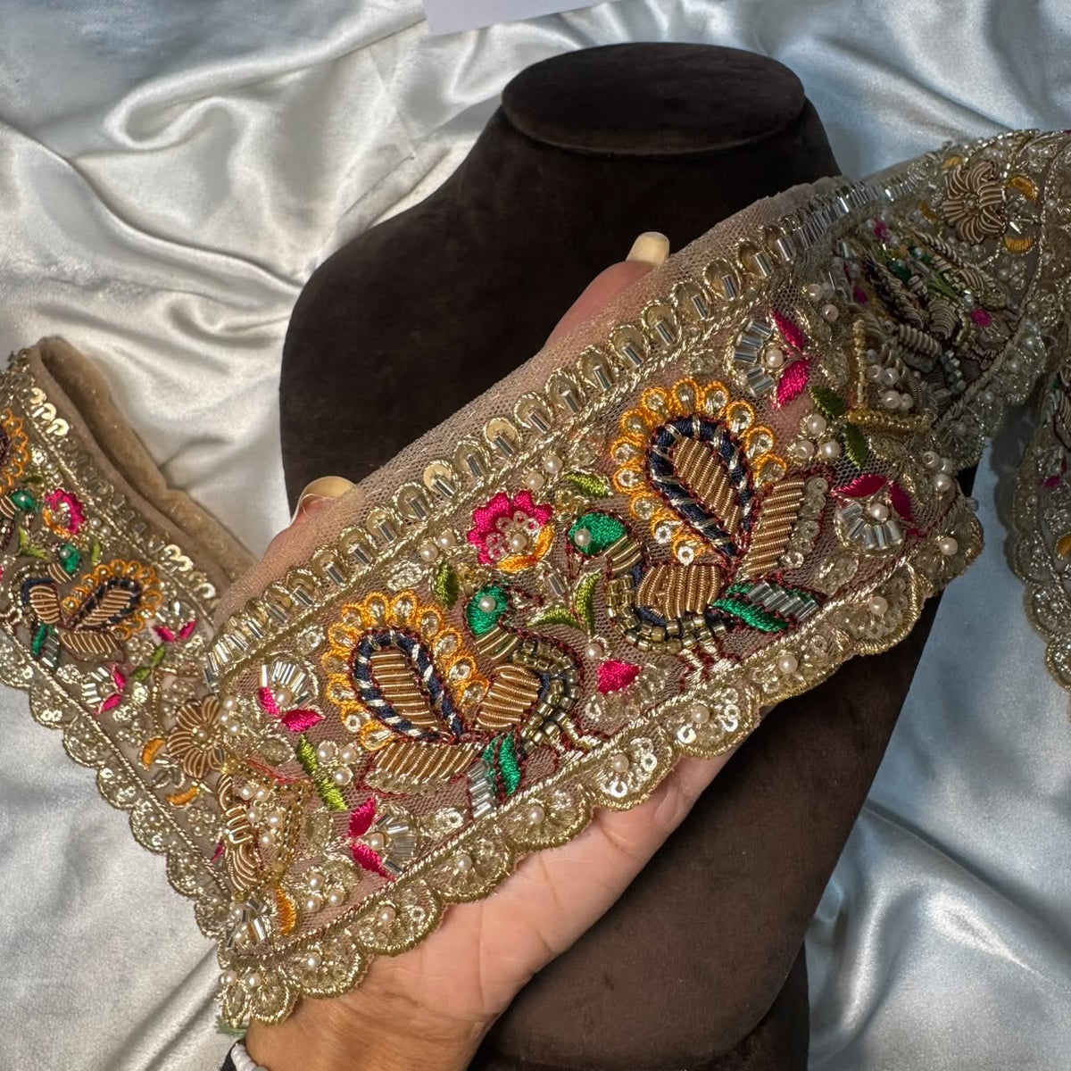 Royal Golden Beaded Lace Trim with Floral Embroidery