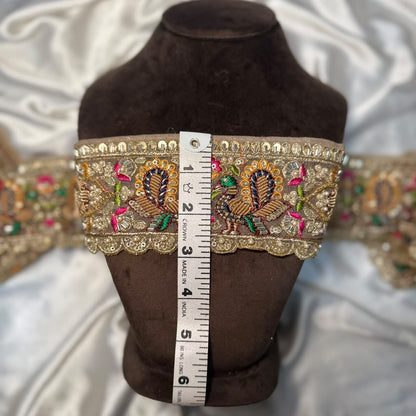 Royal Golden Beaded Lace Trim with Floral Embroidery