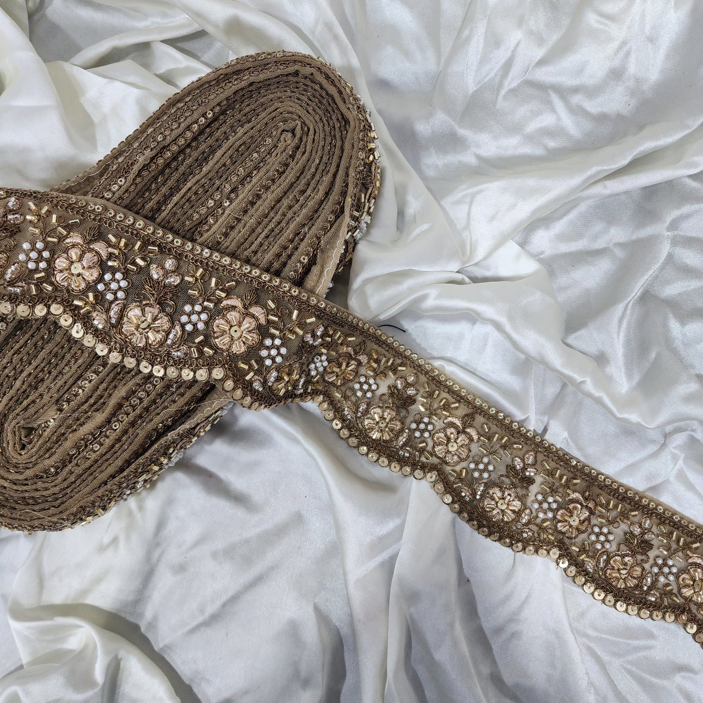 Antique Golden color Beads and Sequins work Lace 9 meters approx