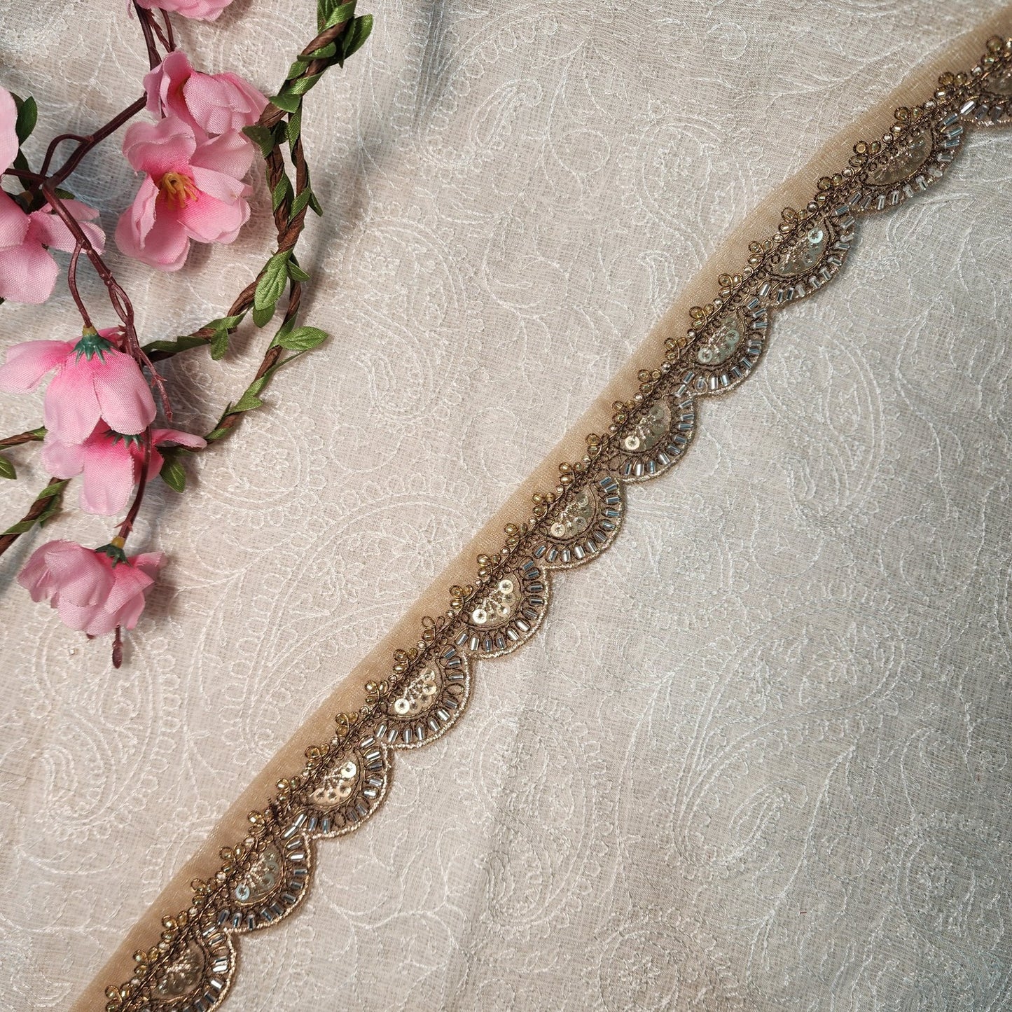 Antique Golden Color Beads work Cutwork Lace 9 meters approx