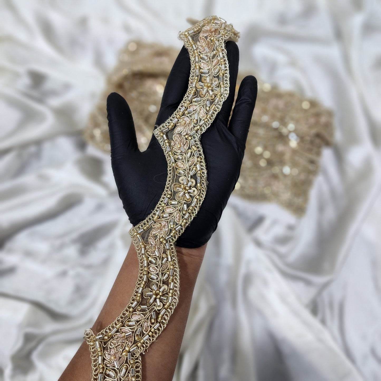 Golden color Beads and Katdana work Cutwork Lace