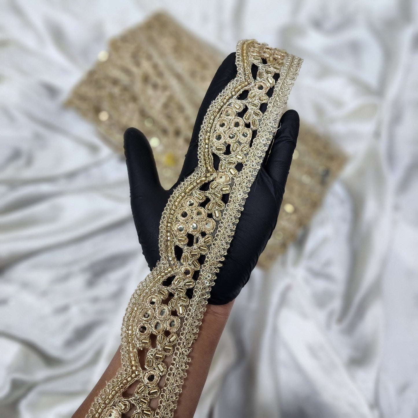 Golden color Beads work Scallop Lace