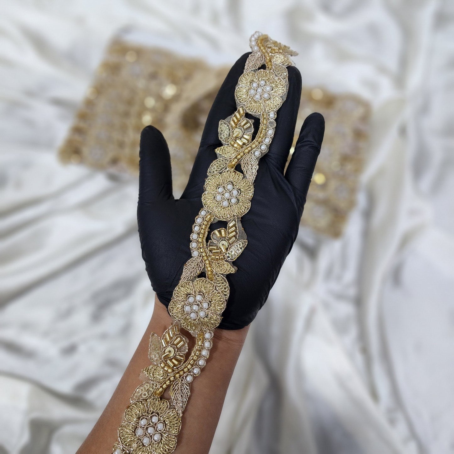 Golden color Pearls and Katdana work Lace