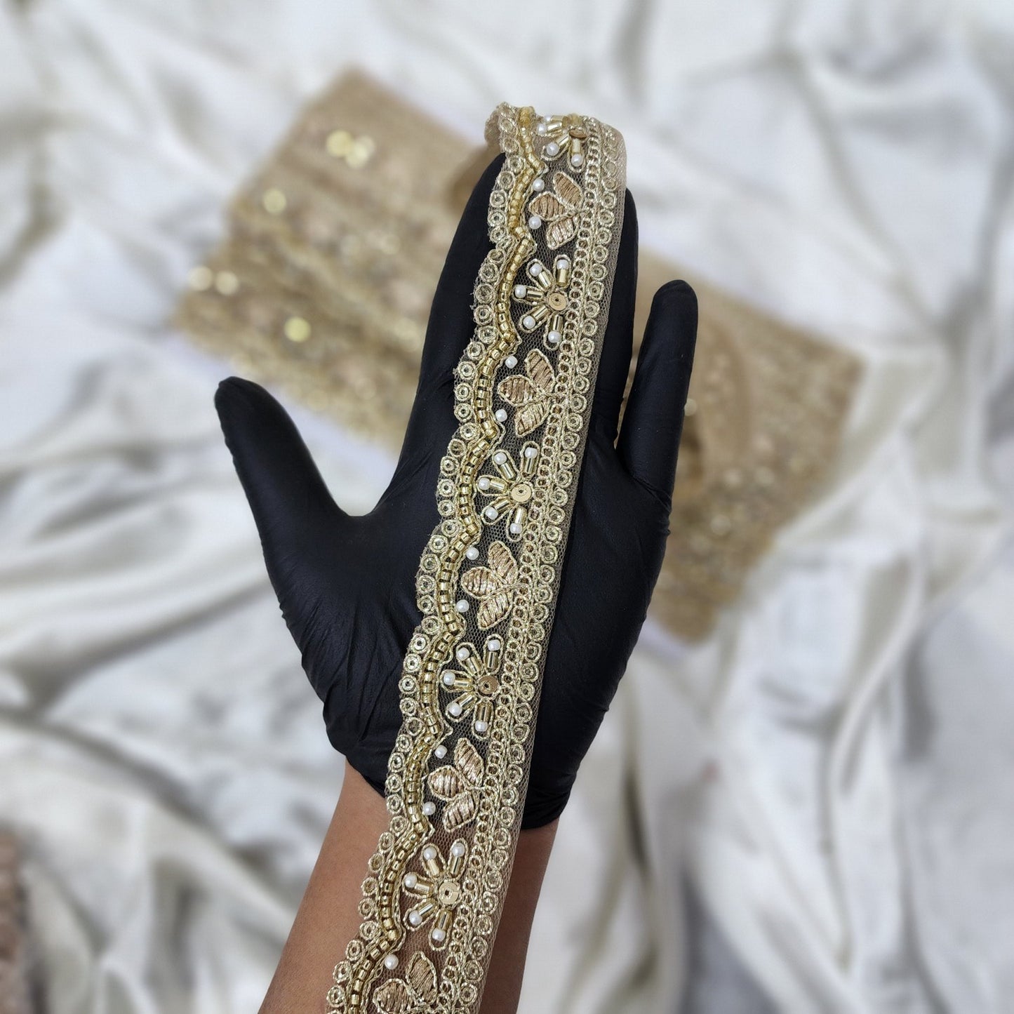 Golden Color Beads work Scallop Lace Border