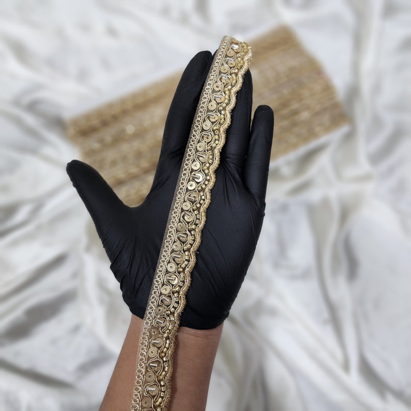 Golden Color Sequins and Beads work Thin Border
