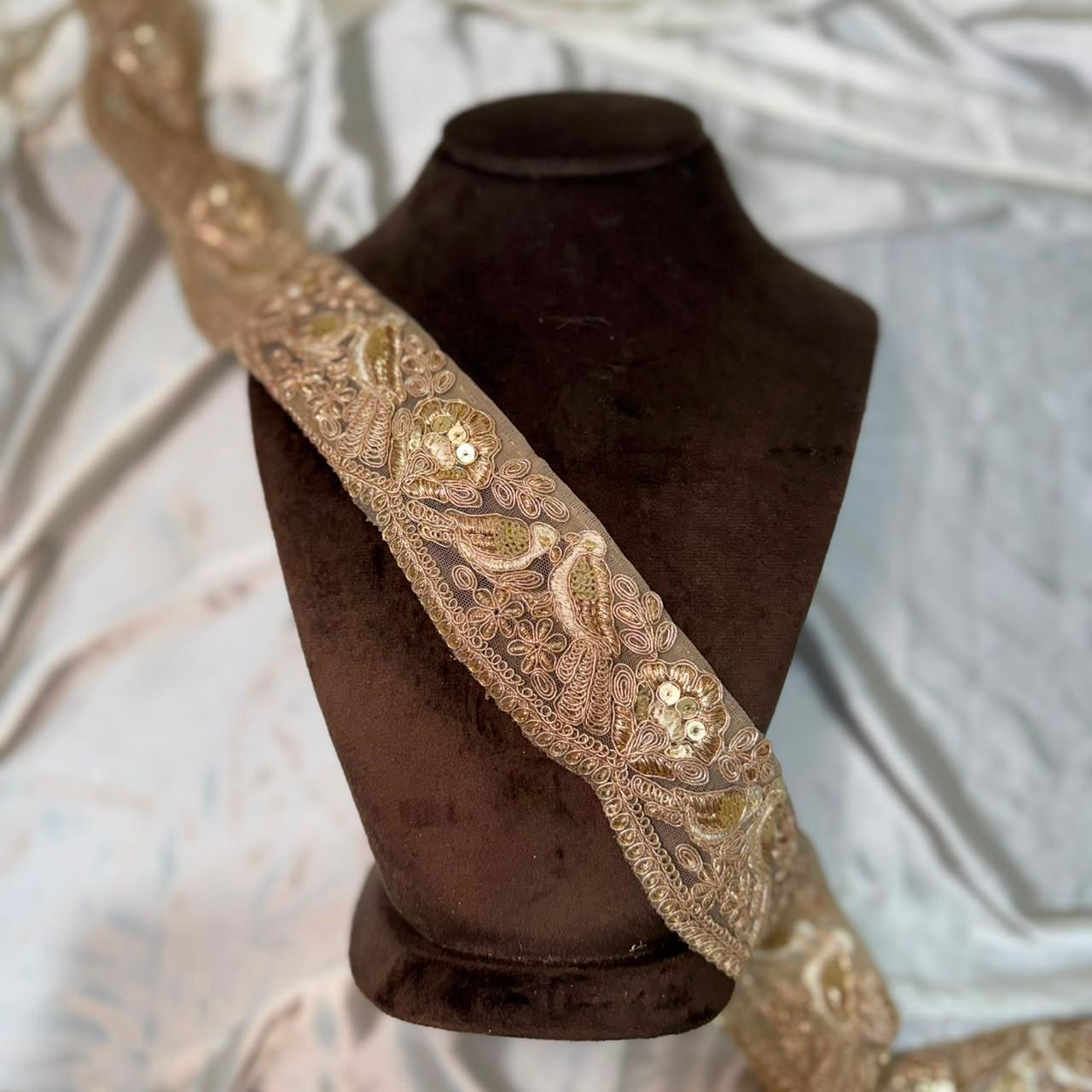 Golden Floral Machine Zardozi Embroidered Lace Border